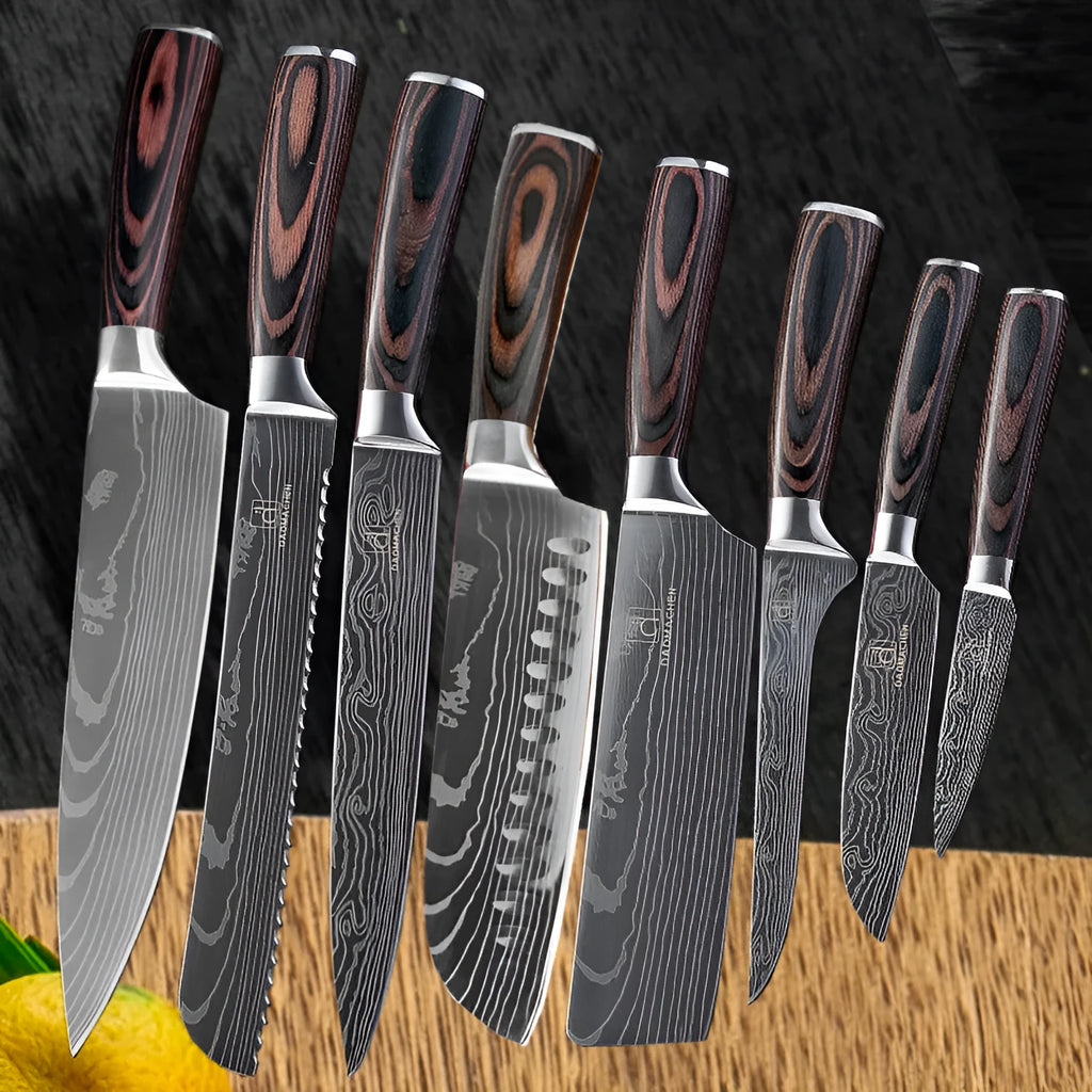 7CR17 stainless steel chef knife with laser Damascus pattern and colour steel handle, blade length 18cm.