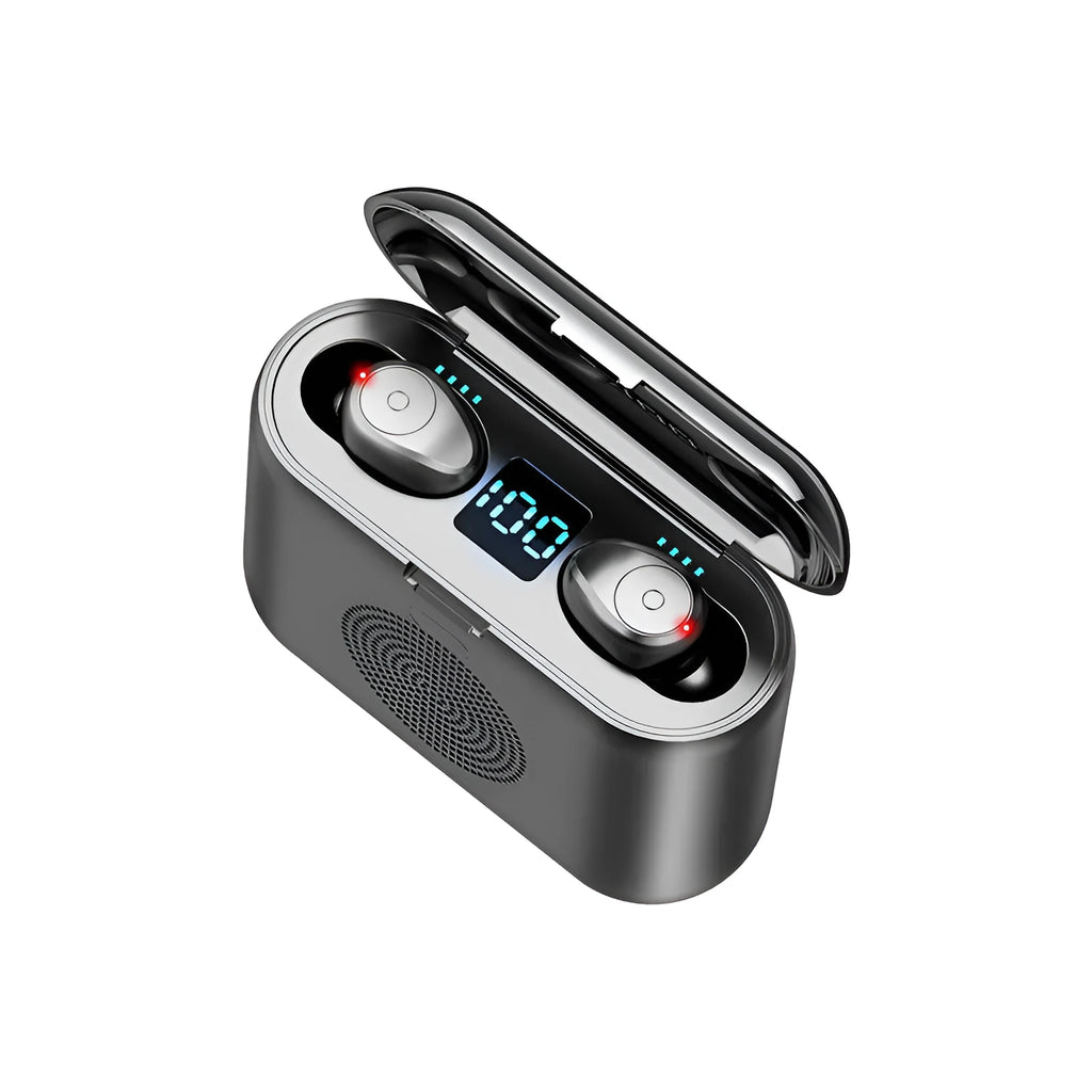 F9 5.0 wireless Bluetooth headset in black with charging case, featuring CVC8.0 noise reduction and 2000 mAh capacity