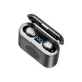 F9 5.0 wireless Bluetooth headset in black with charging case, featuring CVC8.0 noise reduction and 2000 mAh capacity