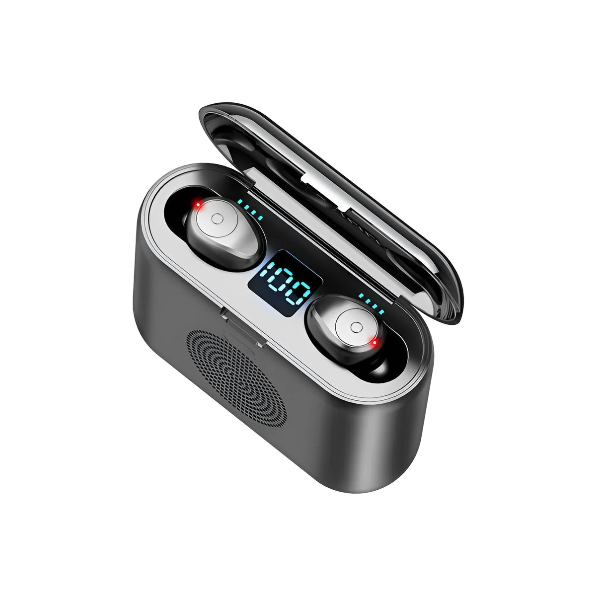 F9 5.0 wireless Bluetooth headset in black with charging case, featuring CVC8.0 noise reduction and 2000 mAh capacity