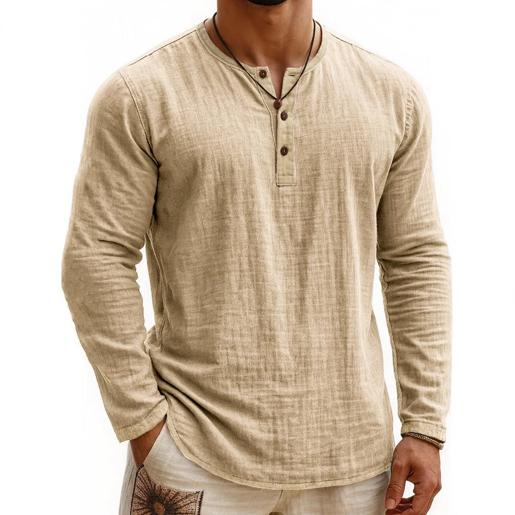 Digital printing two-tone men's Henley shirt with three-button placket and long sleeves in slim fit