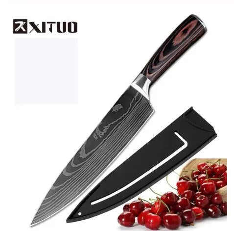 7Cr17 stainless steel kitchen knife with Damascus pattern blade and coloured wood handle on a cutting board.