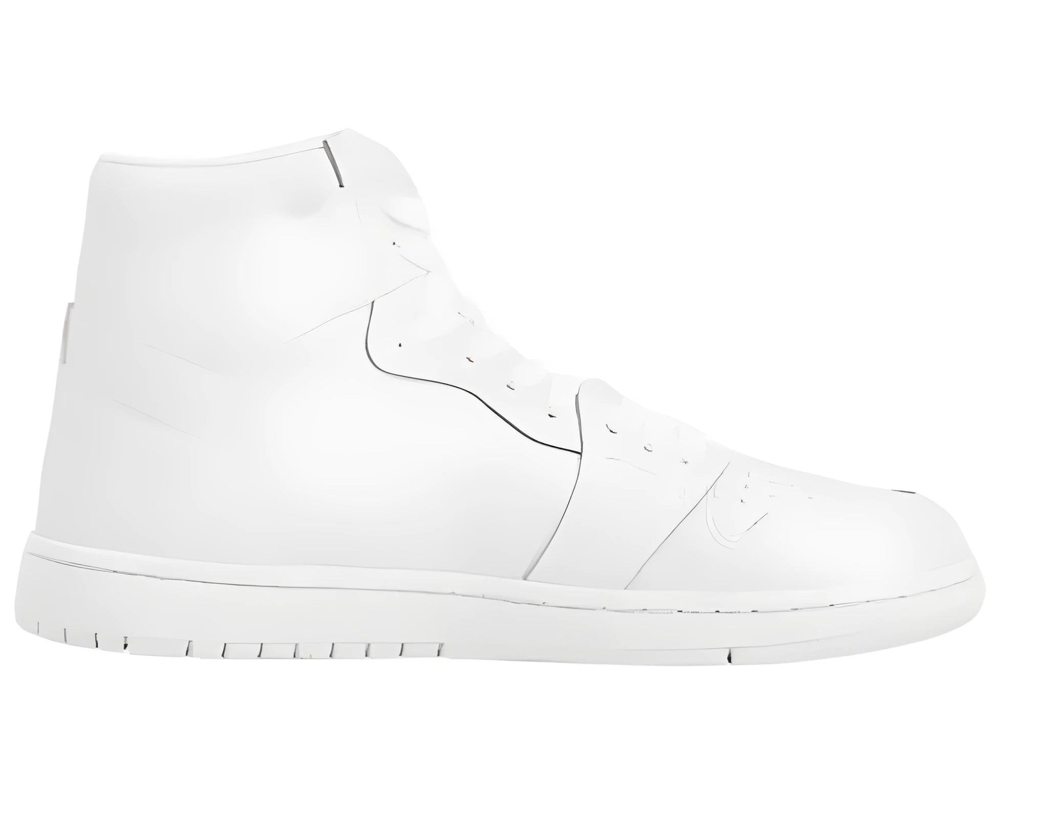 White high-top lace-up basketball shoes with artificial PU upper and rubber sole on display