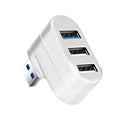 Black USB 3.0 hub with four ports on a white rotating base, showing dimensions of 15.5cm