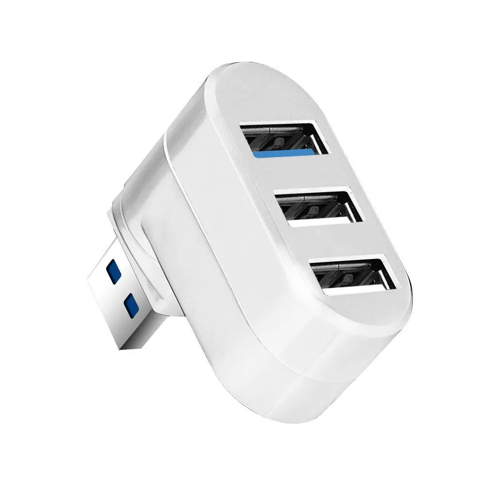 Black USB 3.0 hub with four ports on a white rotating base, showing dimensions of 15.5cm