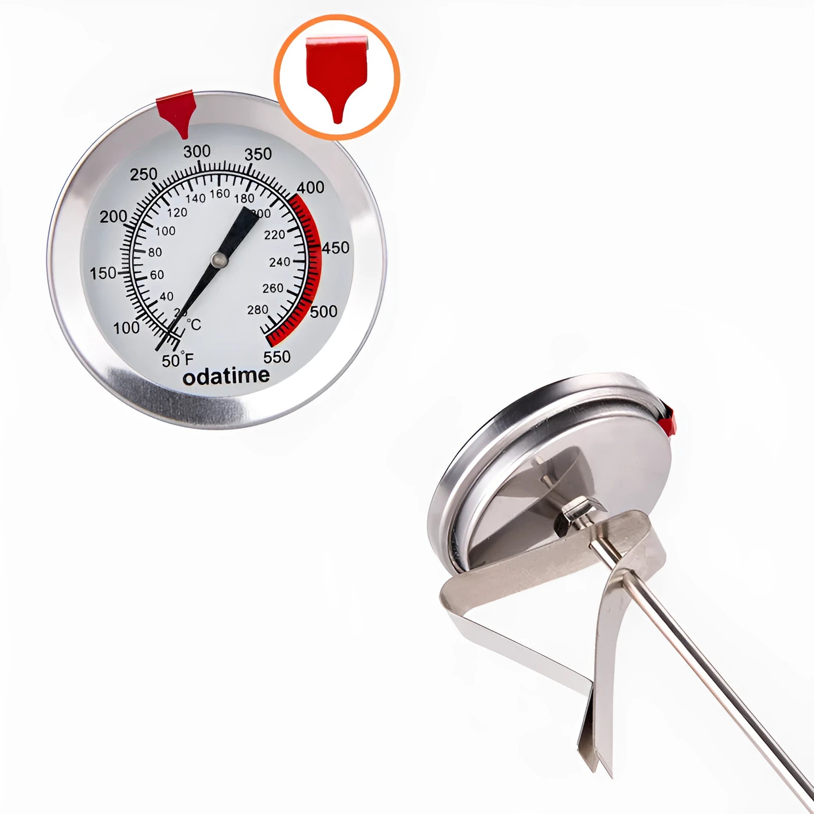 Digital food thermometer with stainless steel probe and display showing temperature reading