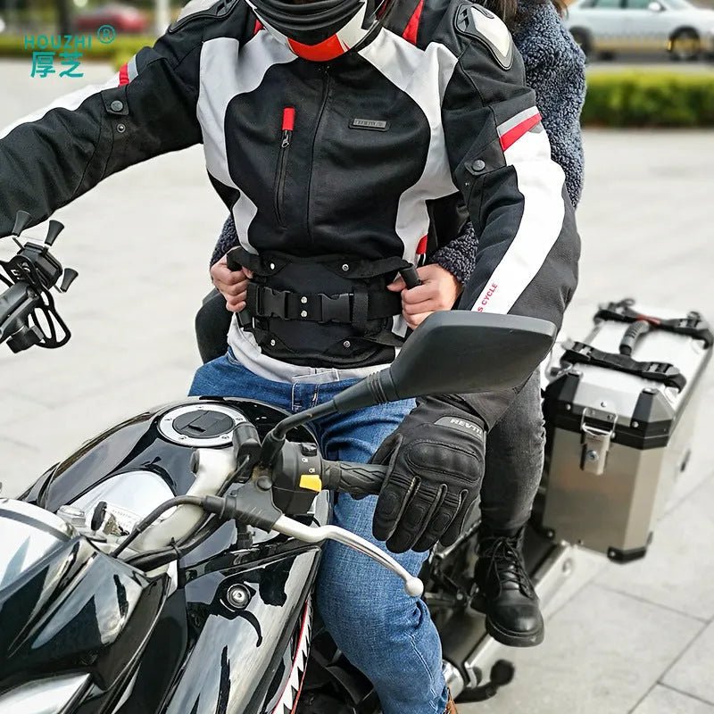 Motorcycle rear seat safety handle in black with Oxford cloth strap and adjustable buckle