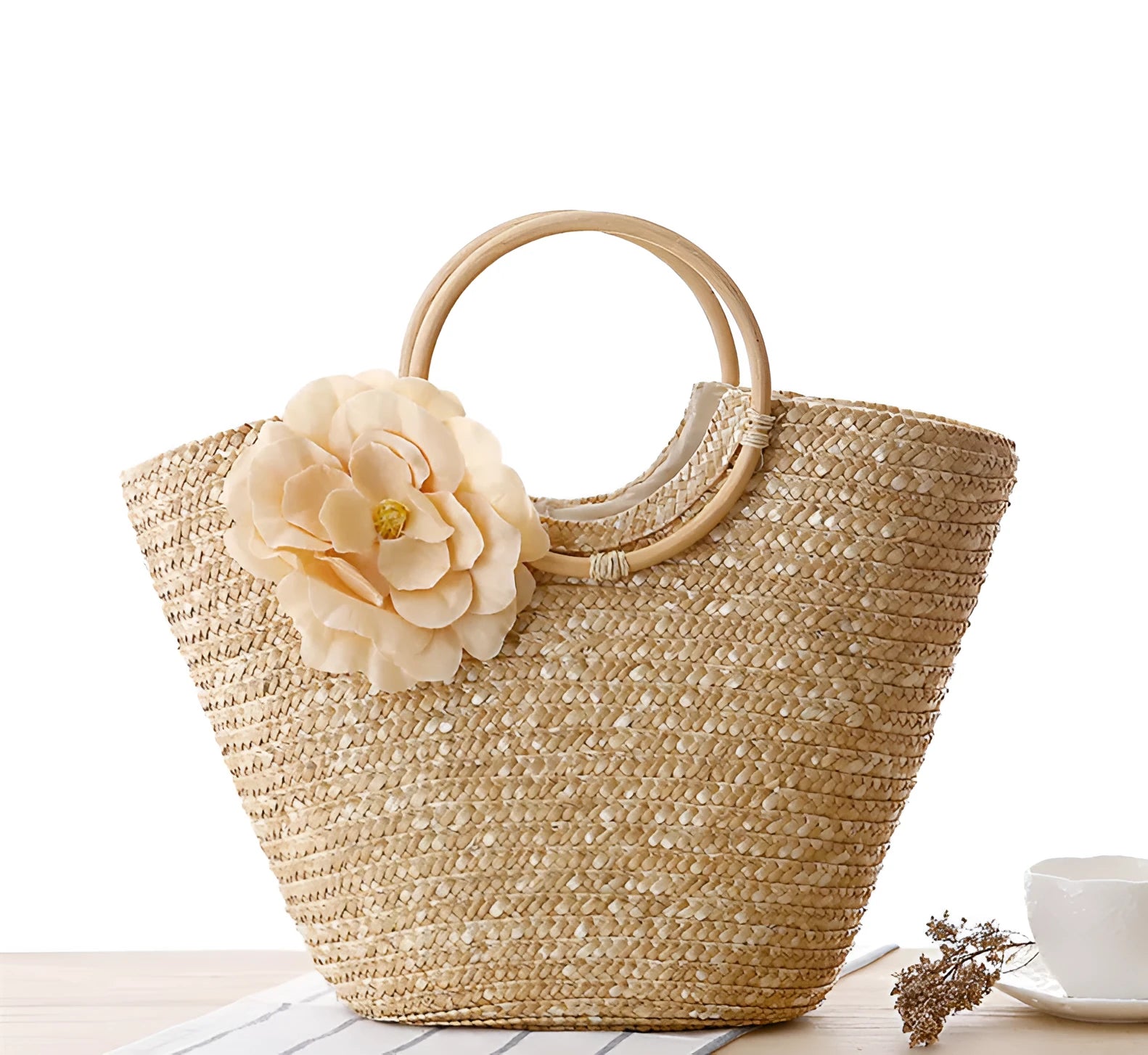 Natural primary colour woven straw bag beach bag handbag with shoulder straps on white background