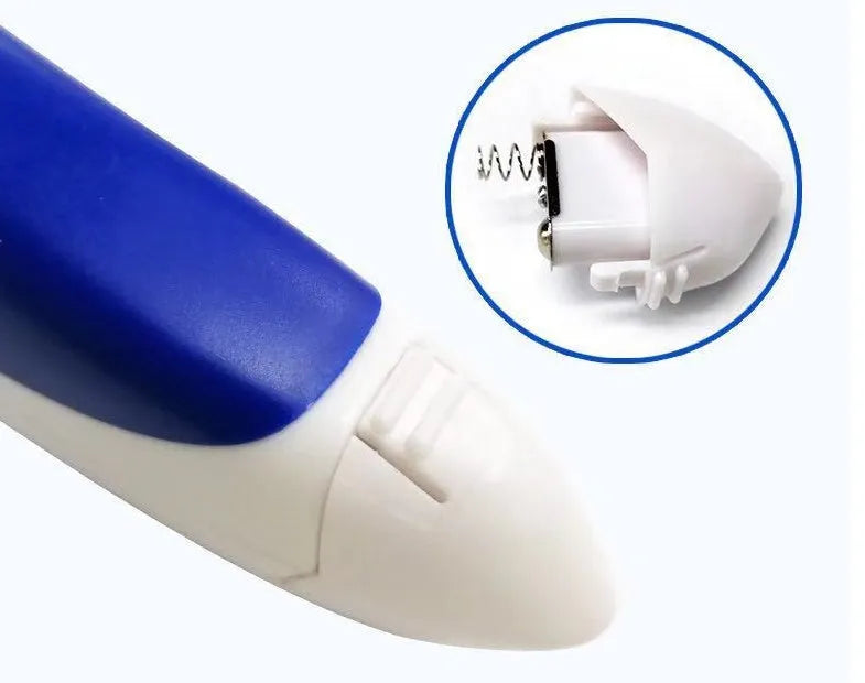 White electric pet lice remover comb with replaceable battery and cutter head, 17.5x9cm