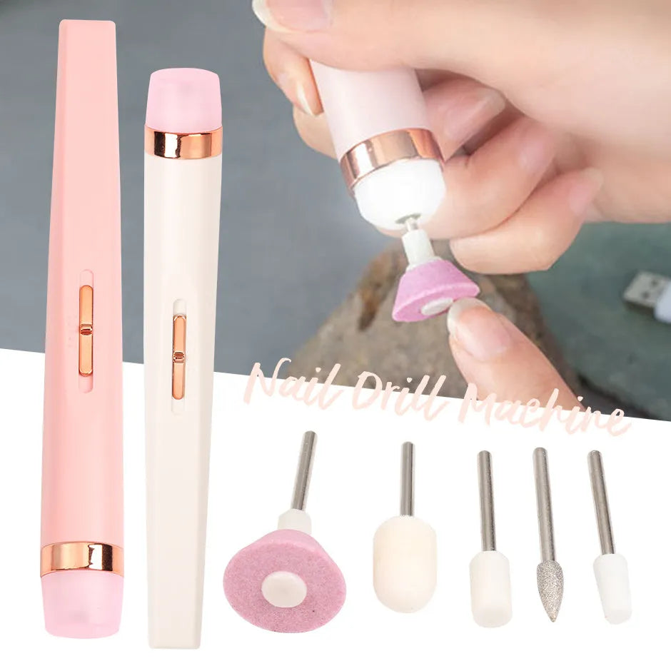 5in1 cordless USB electric nail drill set with LED light, five abrasive heads, and rechargeable battery in pink
