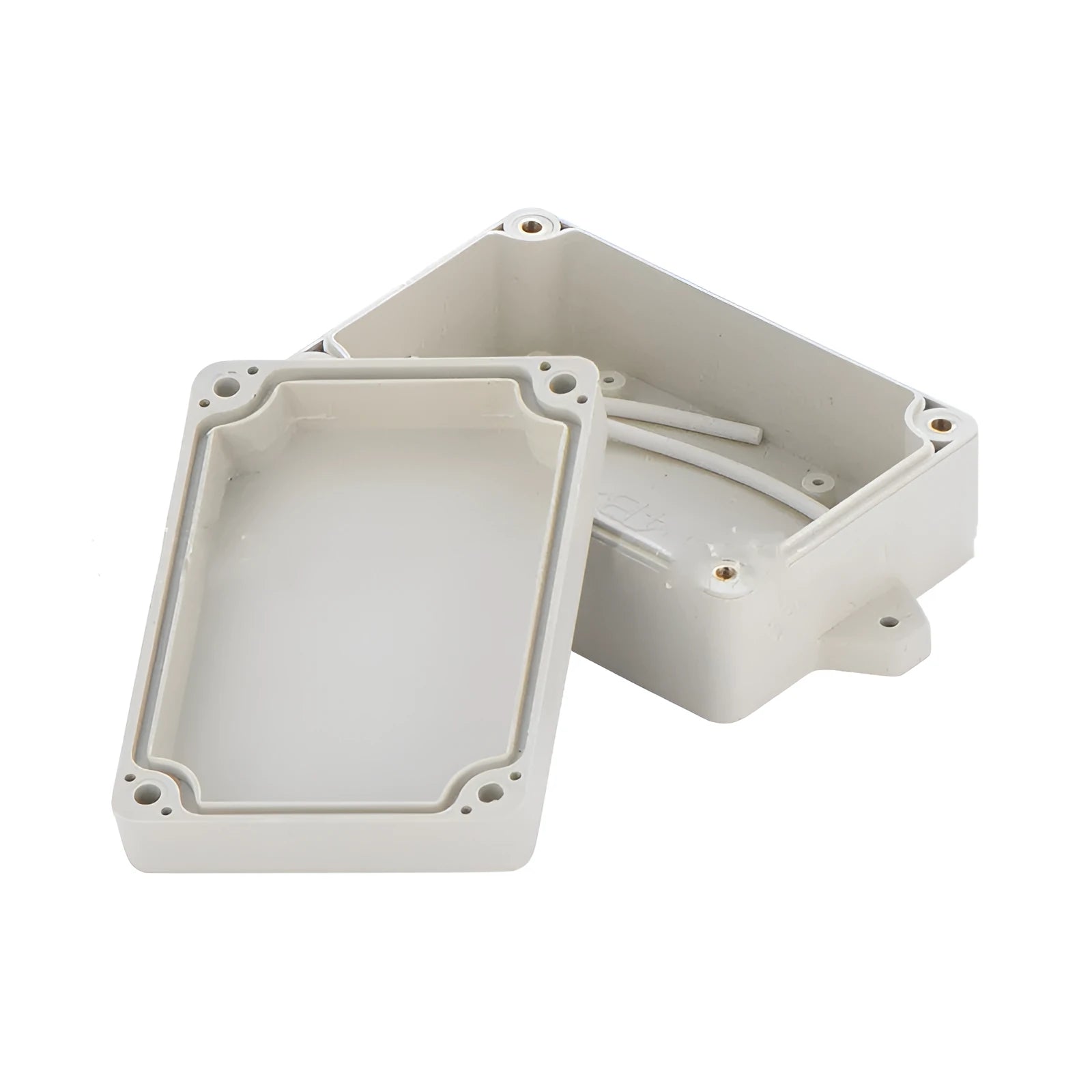 White ABS plastic waterproof instrument box for electronics, showing front view and dimensions.