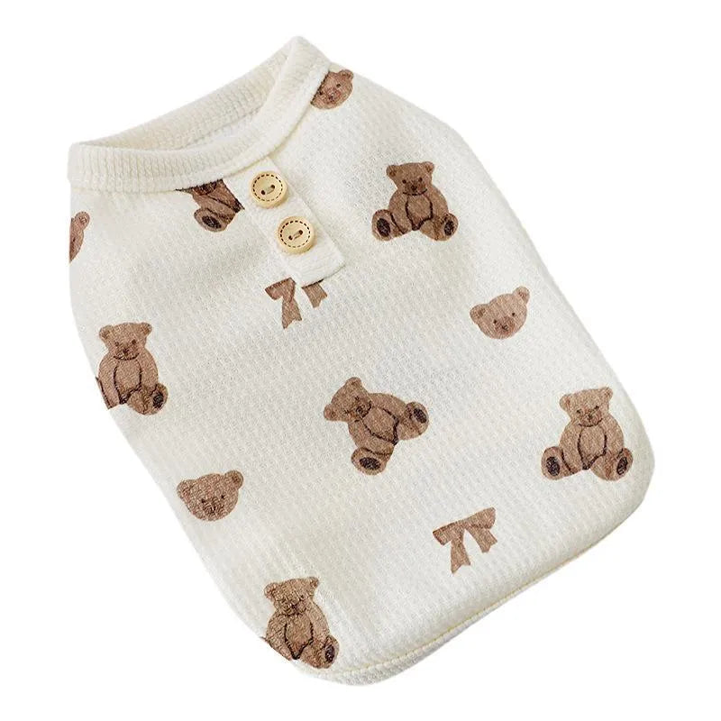 Beige waffle small dog clothes with short sleeves, polyester pet top in sizes M, L and XL