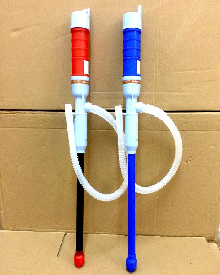 Blue and red manual hand siphon pump for transferring fuel, oil, and chemicals.