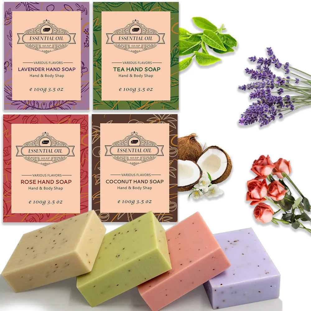 Handmade essential oil soap bar in frosted bathing format with natural scent options including coconut, green tea, lavender, and rose variants