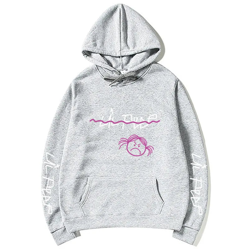 Lil Peep hoodie in beige with white word printing and three-dimensional patch pocket, plus-velvet lining inside