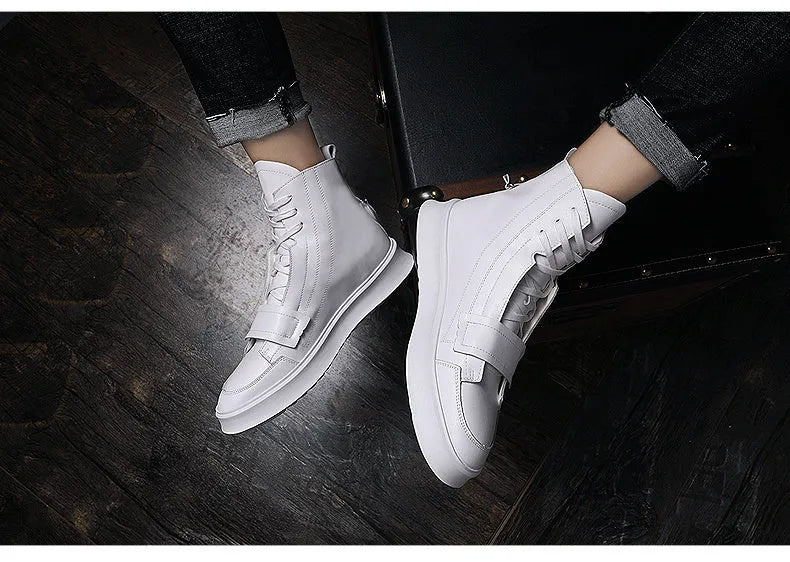 Men's black PU leather high-top ankle boot on a white background, showing sneaker-style design.