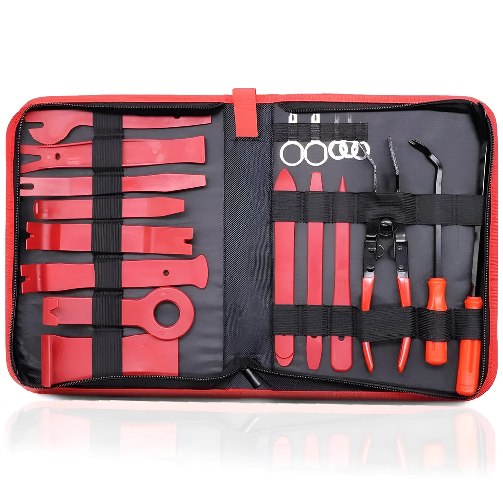 Red car audio removal tool kit for GM series vehicles in multiple pack sizes from 11 to 456 pieces with OPP bag packaging