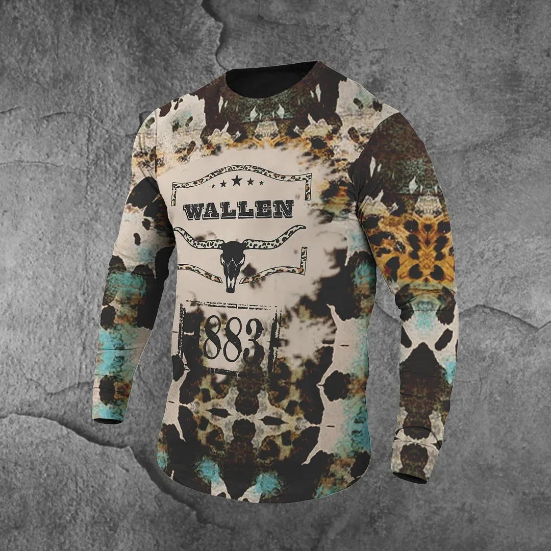 Men's long sleeve cartoon print T-shirt, slim fit, round neck, polyester, sizes S to 6XL.