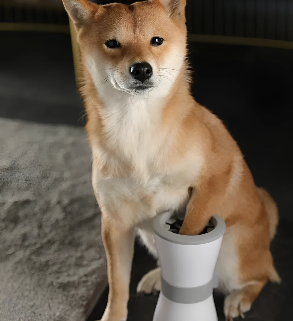 Automatic electric pet foot washing cup in pink with silicone brush showing dog paw cleaning