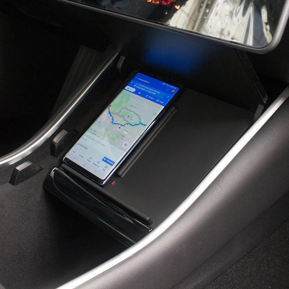 Tesla Model 3 black wireless car charger with dual coil and double separation line design, 19.2cm x 17.3cm x 1.8cm