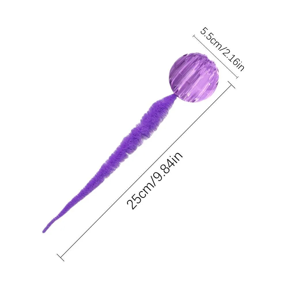 TPR interactive cat ball toy with attached worm tail in green, pink or purple colours