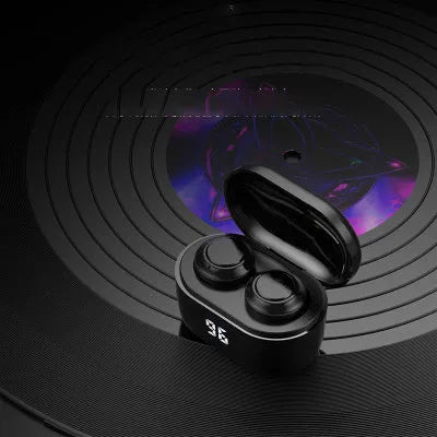 Black stereo Bluetooth earplug headset showing earpieces, suitable for calls and music with 10m range.