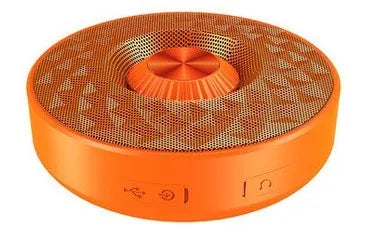 Compact portable Bluetooth speaker in black, orange, or silvery white with wireless audio and FM radio.