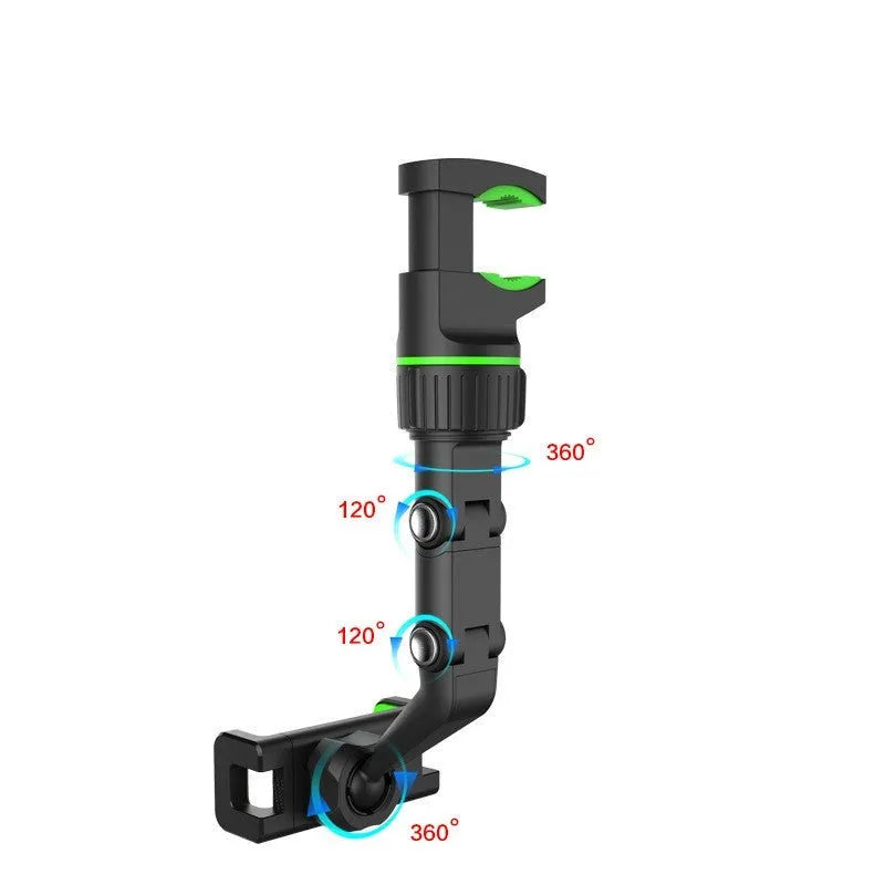Universal car rearview mirror phone clip in black attached to a mirror, with a smartphone inserted for hands-free use