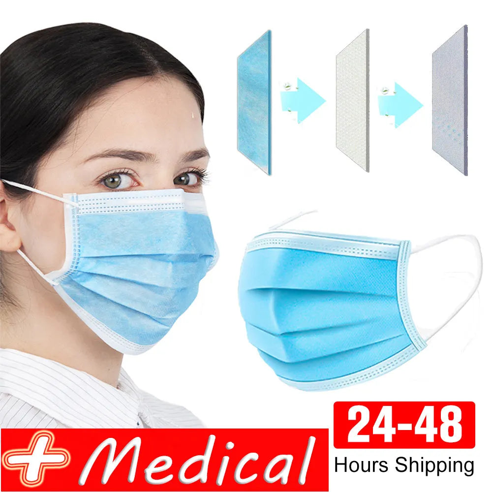 Disposable 3-ply blue medical surgical face mask with ear loops, non-woven material