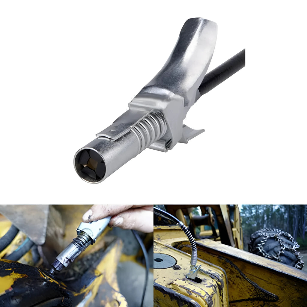 Silver locking grease gun coupler with 10,000 psi rating and 1/8 NPT thread for SAE and metric Zerk fittings