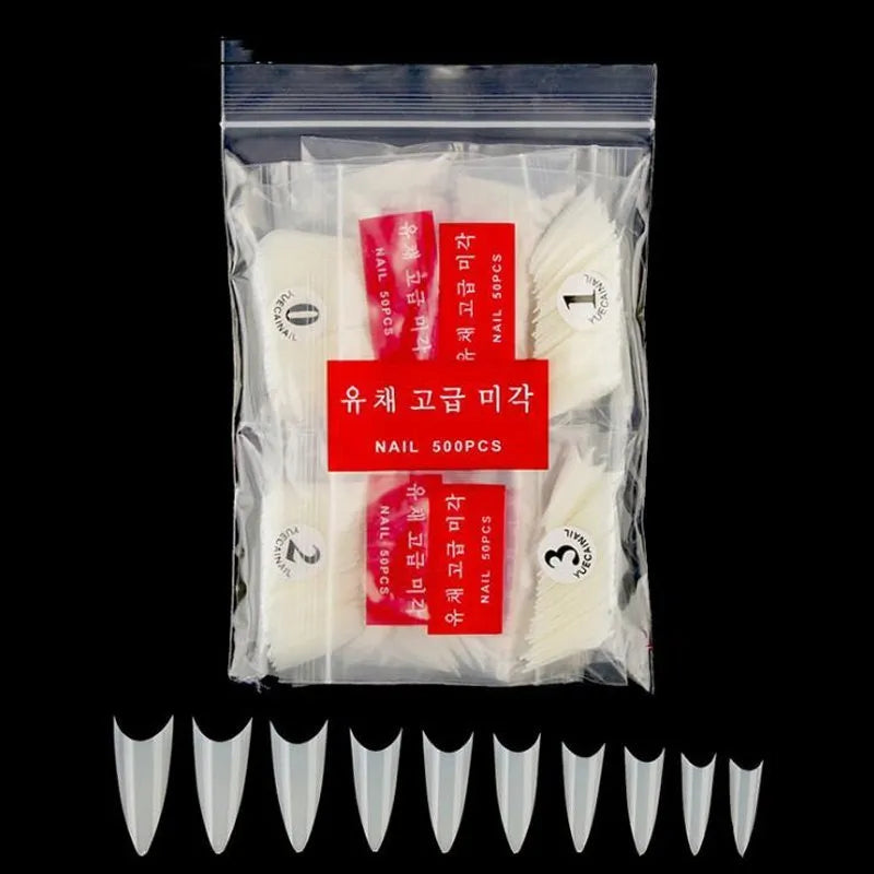 500 pieces of fake nail tips in ABS material, half tip shape, ten sizes 0-9, natural colour