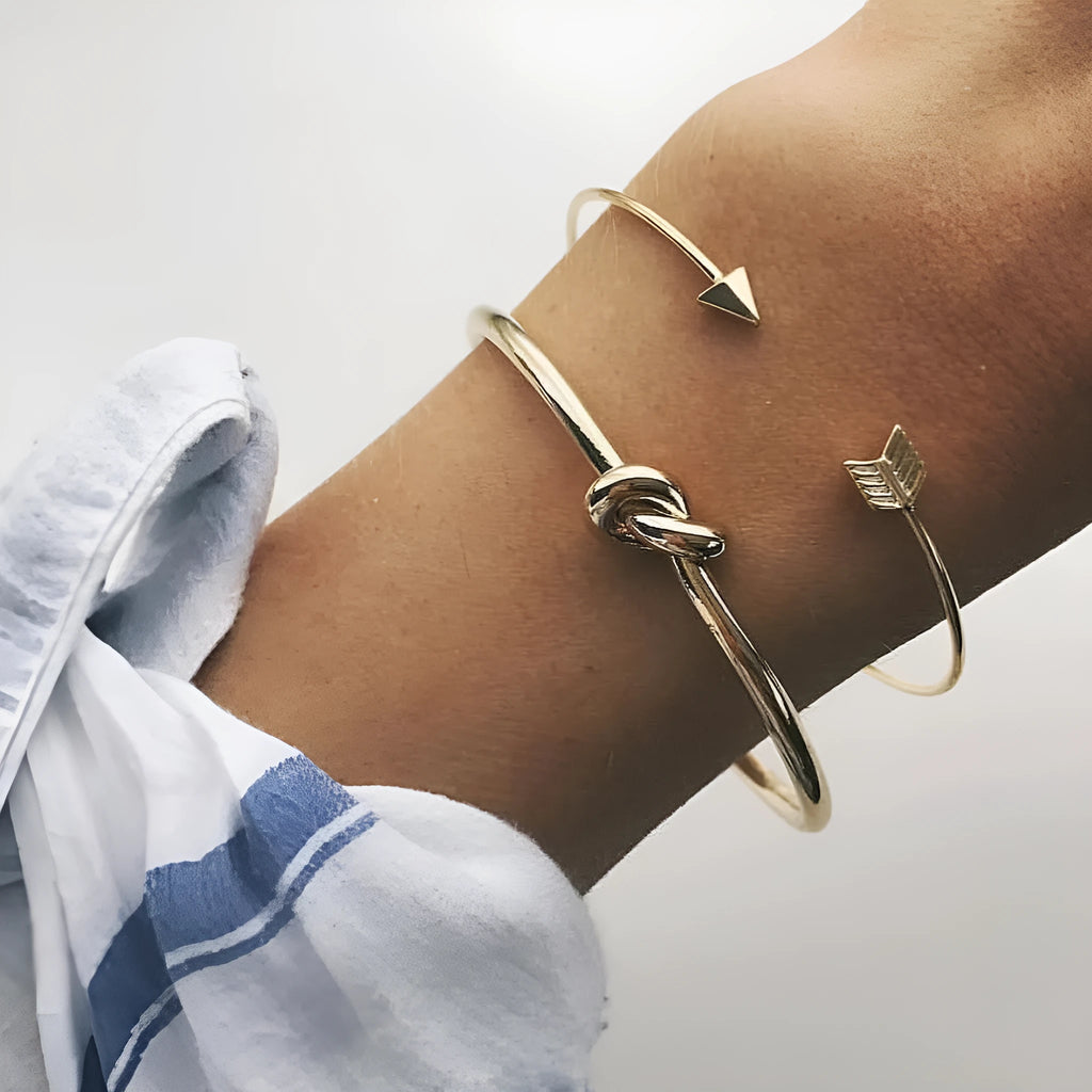 Gold vintage arrow knotted cuff bracelet for women with electroplated alloy construction