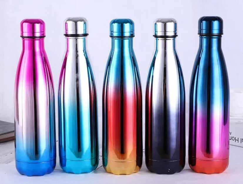 500ml 304 stainless steel water bottle in black standing upright on a table