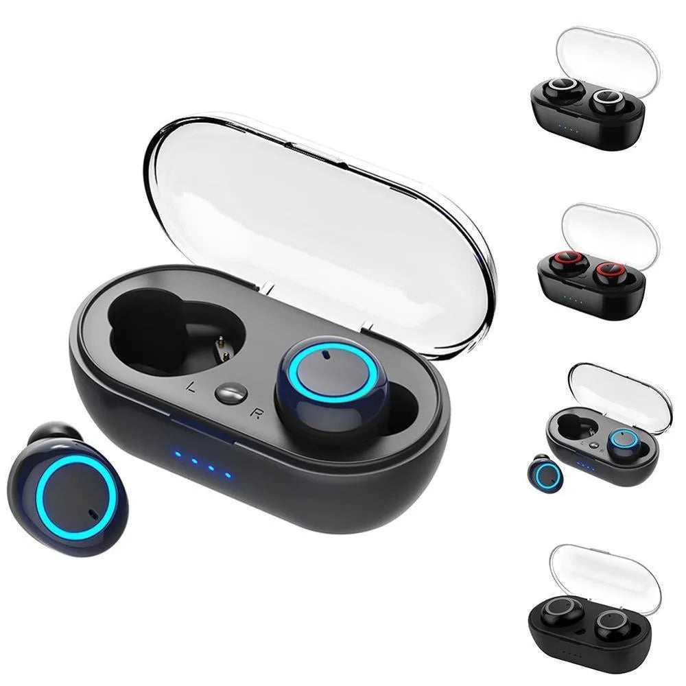 Y50 TWS Bluetooth wireless earbuds in black with charging box, ergonomic sports design