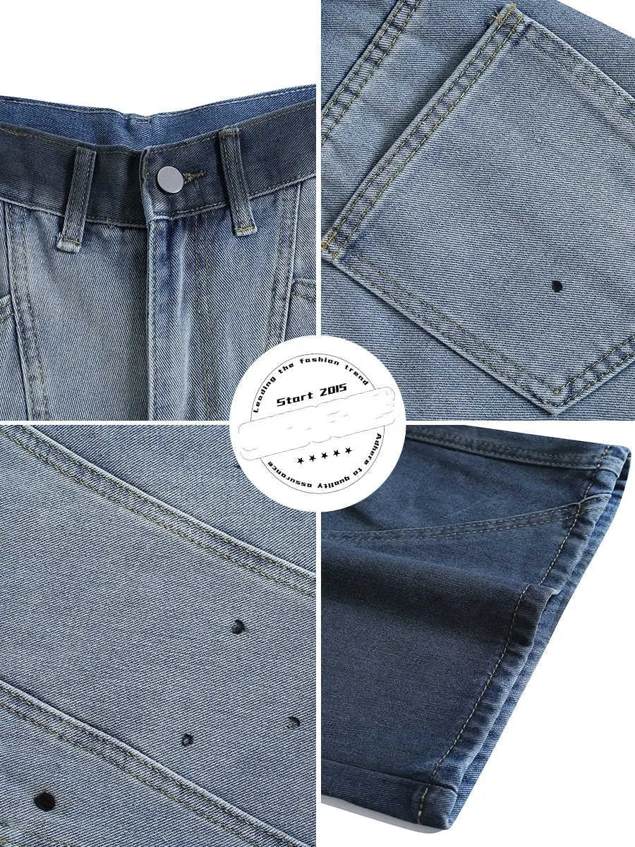 Blue tie-dye gradient cropped jeans with washed-out finish and mid-waist loose fit
