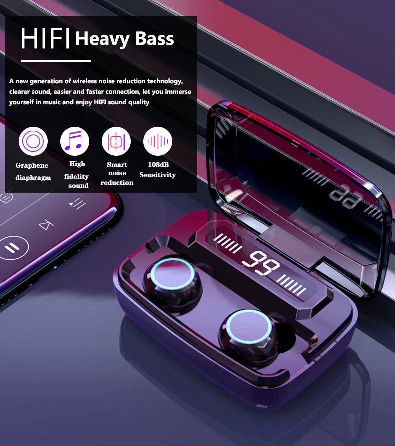 Black M11 style Bluetooth wireless headset with digital display and charging case with phone holder.