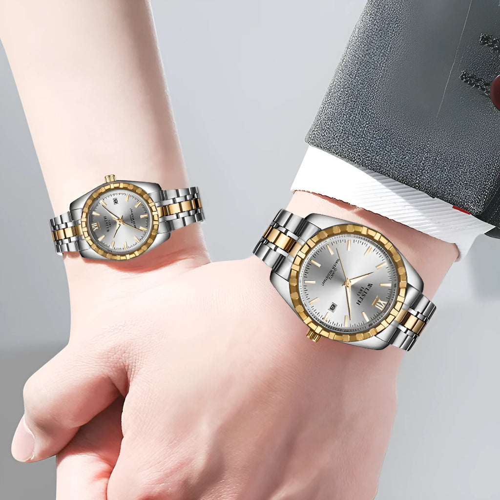 Couple watch set with steel band, gold and silver dials, luminous hands, and 28mm case