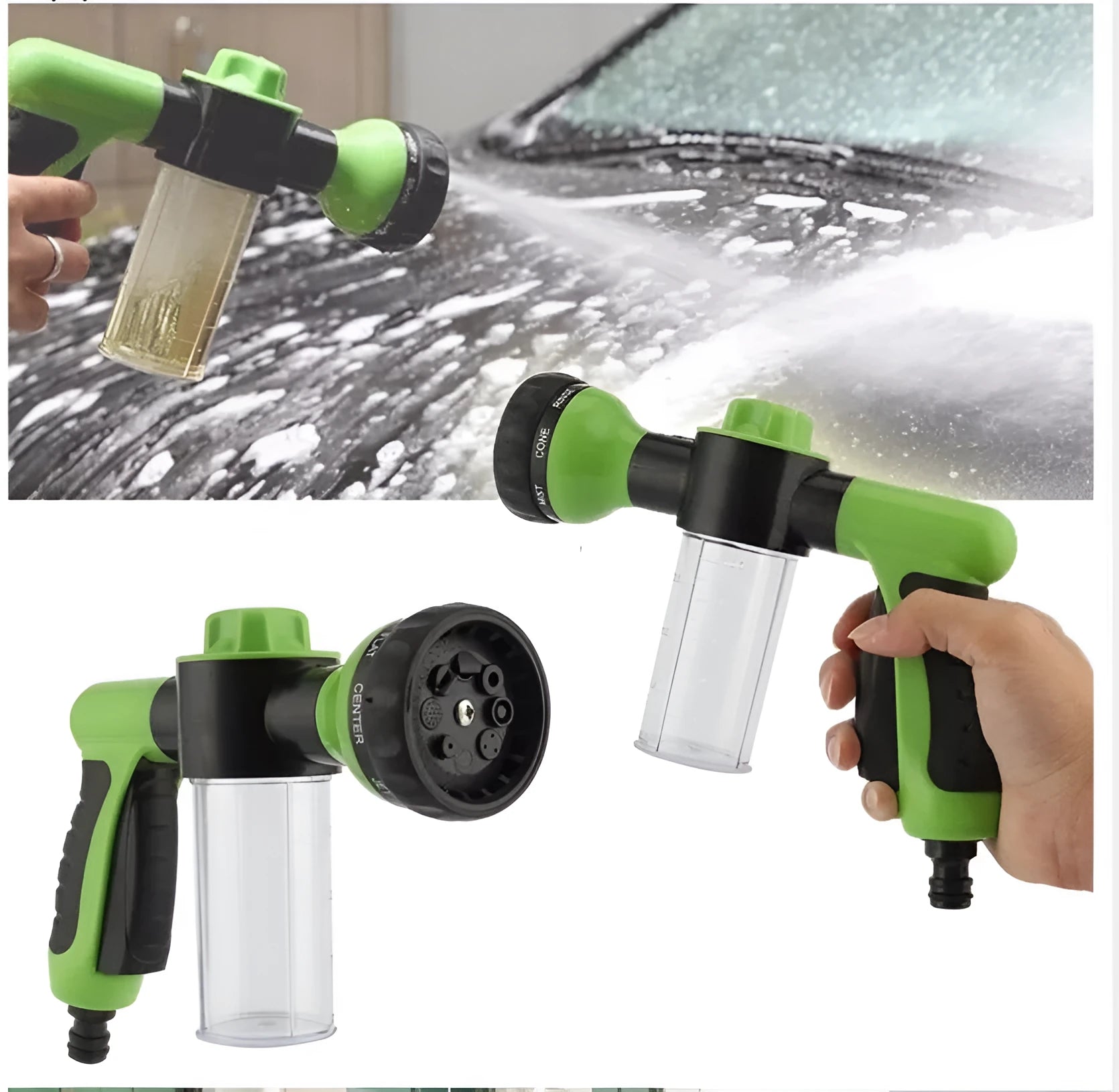 High pressure foam spray gun with eight spray patterns in green, yellow or black with water pipe
