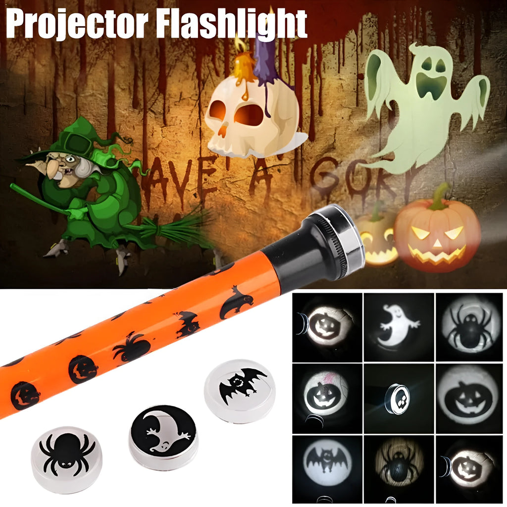 Orange metal pumpkin skull flashlight projection lamp on a plain background