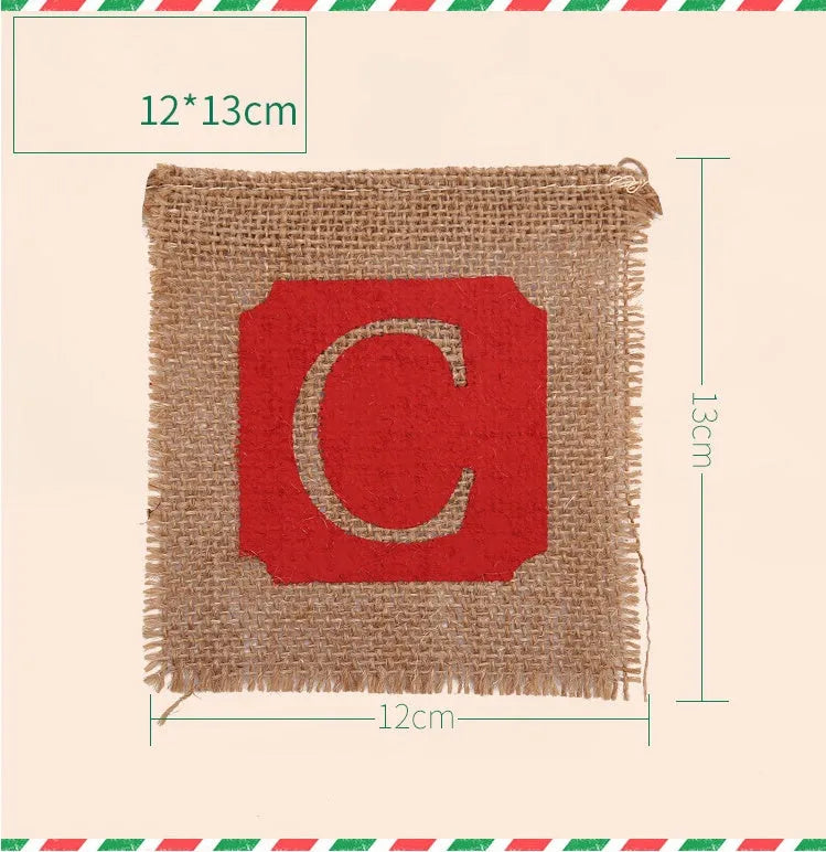 Brown and red burlap Christmas banner with 14 fabric flags on natural string