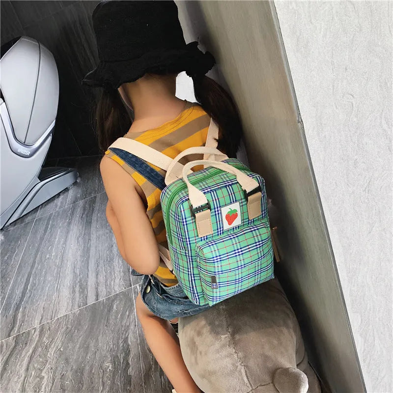Fashion mini cartoon checked canvas children's backpack for school in blue with soft handle and double shoulder straps