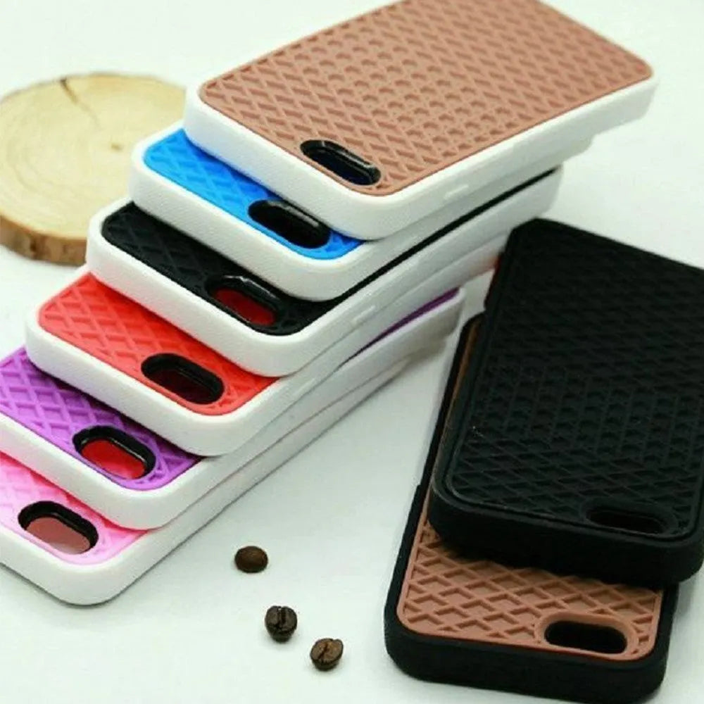 Waffle sole silicone phone case for iPhone 6s with checker pattern texture in black edge on brown background