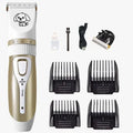 Electric dog hair trimmer with ceramic titanium head, four limit combs, steel blade, nail clippers, and file on white background