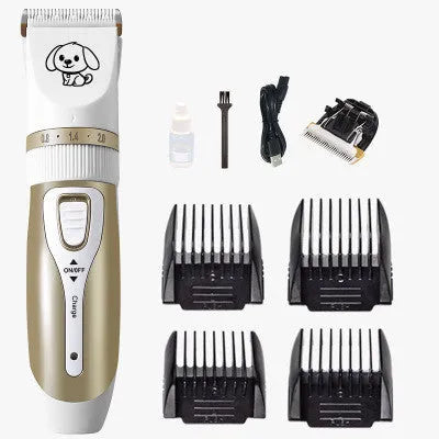 Electric dog hair trimmer with ceramic titanium head, four limit combs, steel blade, nail clippers, and file on white background