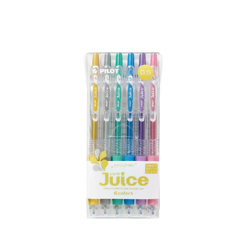 Set of six Direct Juice Baiguole 0.5mm gel pens showing metallic gold, silver, and pastel coloured barrels.