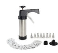 Stainless steel biscuit press with 13 moulds and 8 piping nozzles in a colour gift box