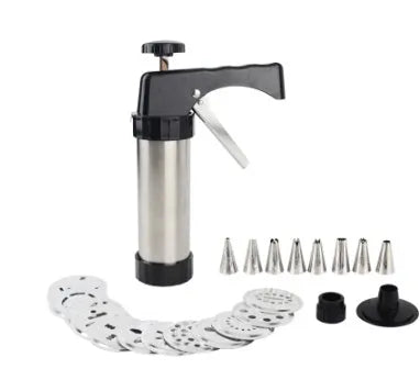 Stainless steel biscuit press with 13 moulds and 8 piping nozzles in a colour gift box