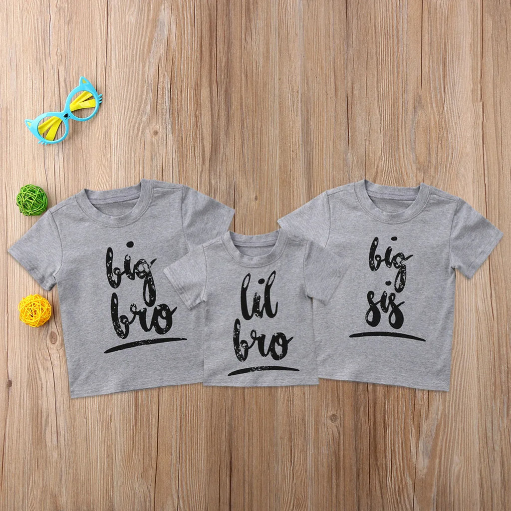Grey cotton printed t-shirt for children with sibling themes in Asian sizes from 60cm to 140cm