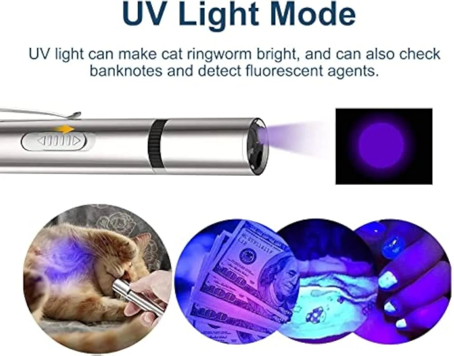 Silver aluminium cat laser pointer toy showing light patterns on a wall next to a cat.