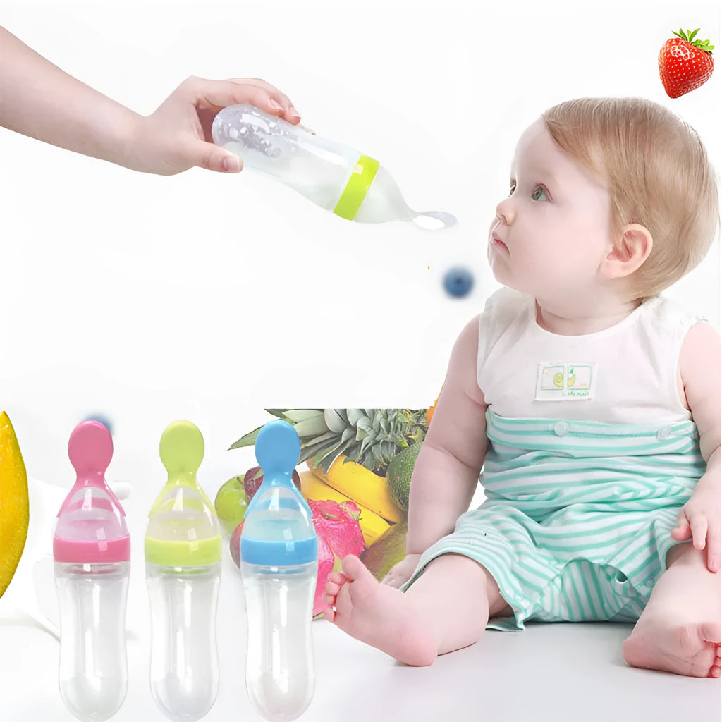 90ml silicone baby feeding bottle with squeeze spoon in white, pink, yellow, green or blue